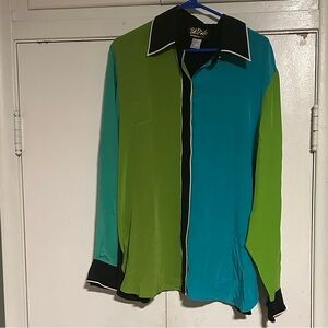 Bob Mackie Wearable Art Silk Blouse – Color Block Statement Top (Size L)